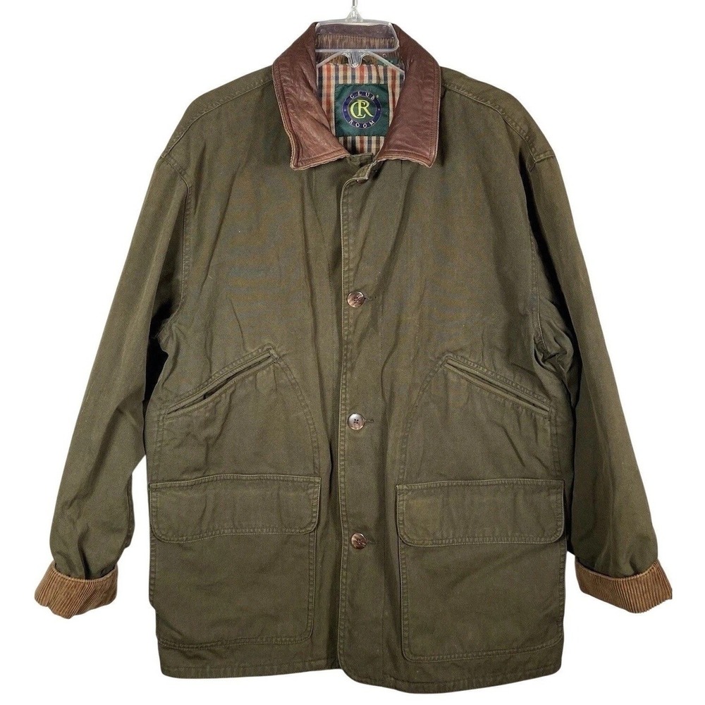 Club Room Mens M Olive Green Barn Chore Jacket Leather Collar Plaid Field Coat